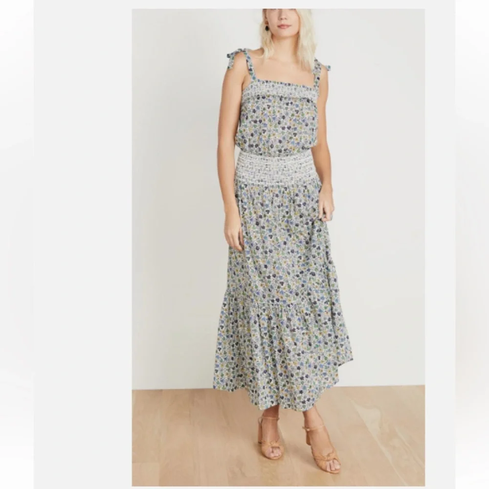 New Tory Burch Smocked Blue Floral Tie Shoulder Maxi Resort Beach Sun Dress M